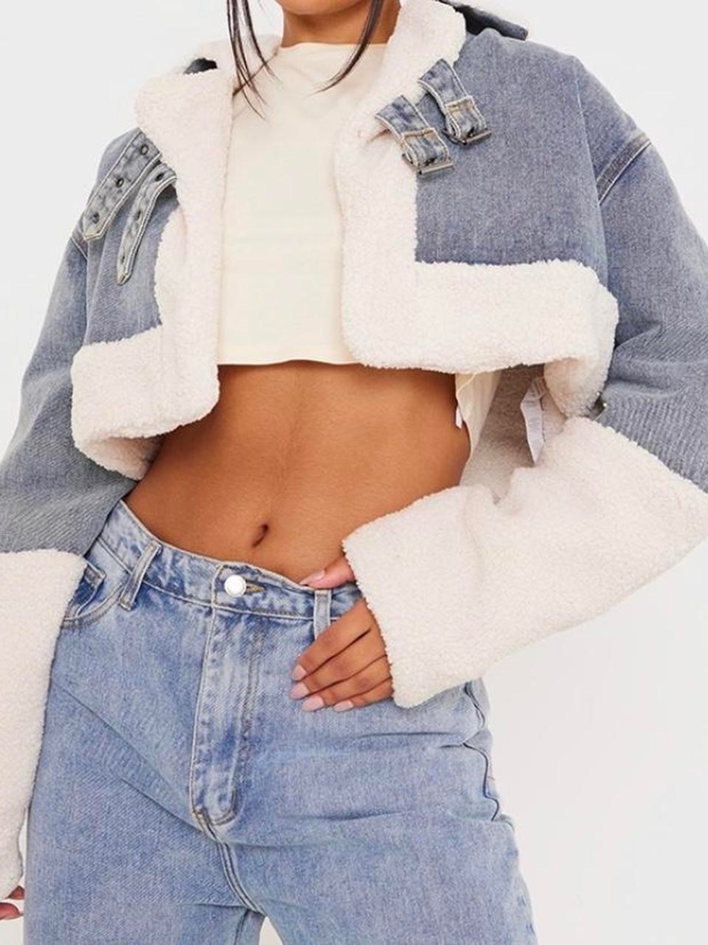 Cropped Denim Jacket with Sherpa Trim